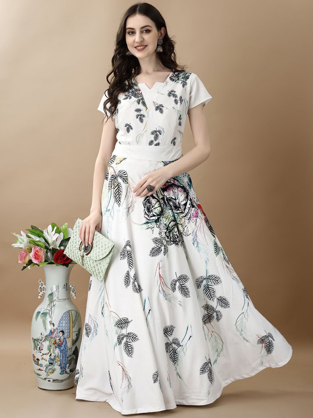 

SAPTRANGI Floral Printed Flared Maxi Gown Dress, White