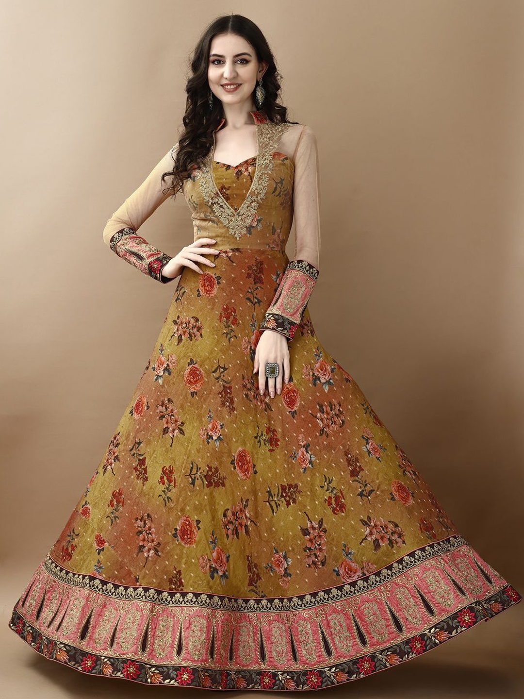 

SAPTRANGI Digital Floral Printed Fit & Flared Maxi Ethnic Dress, Mustard