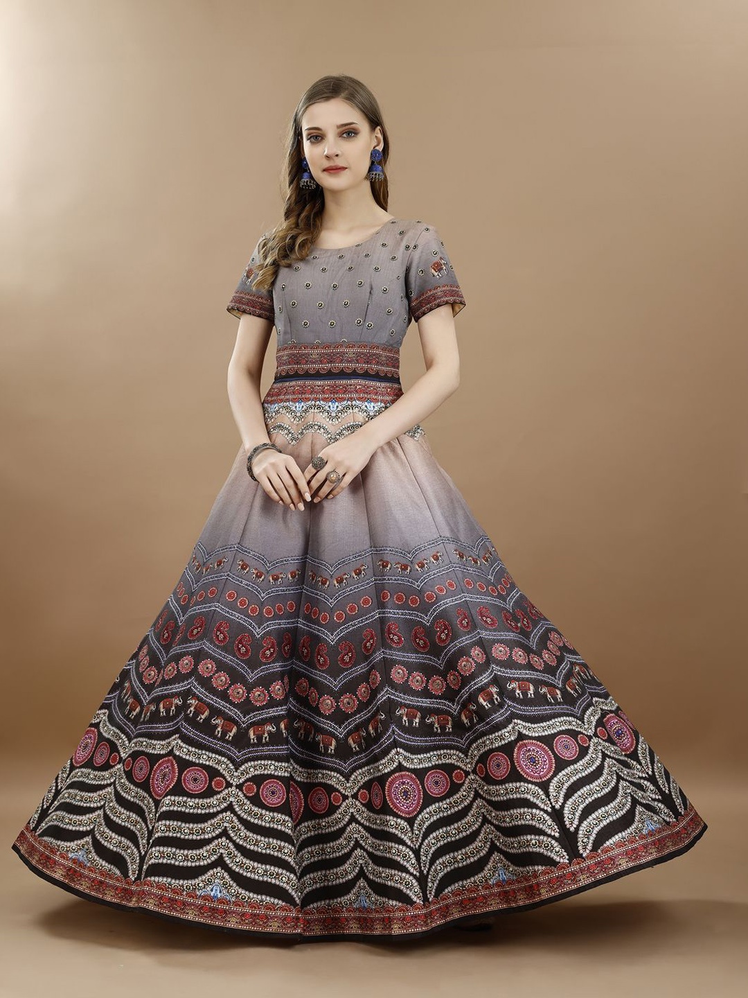 

SAPTRANGI Ethnic Printed Fit and Flare Ethnic Dress, Grey