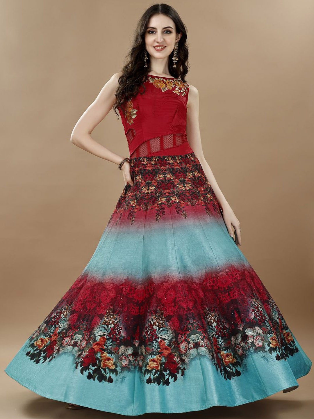

SAPTRANGI Printed Gown Shape Ethnic Dresses, Red