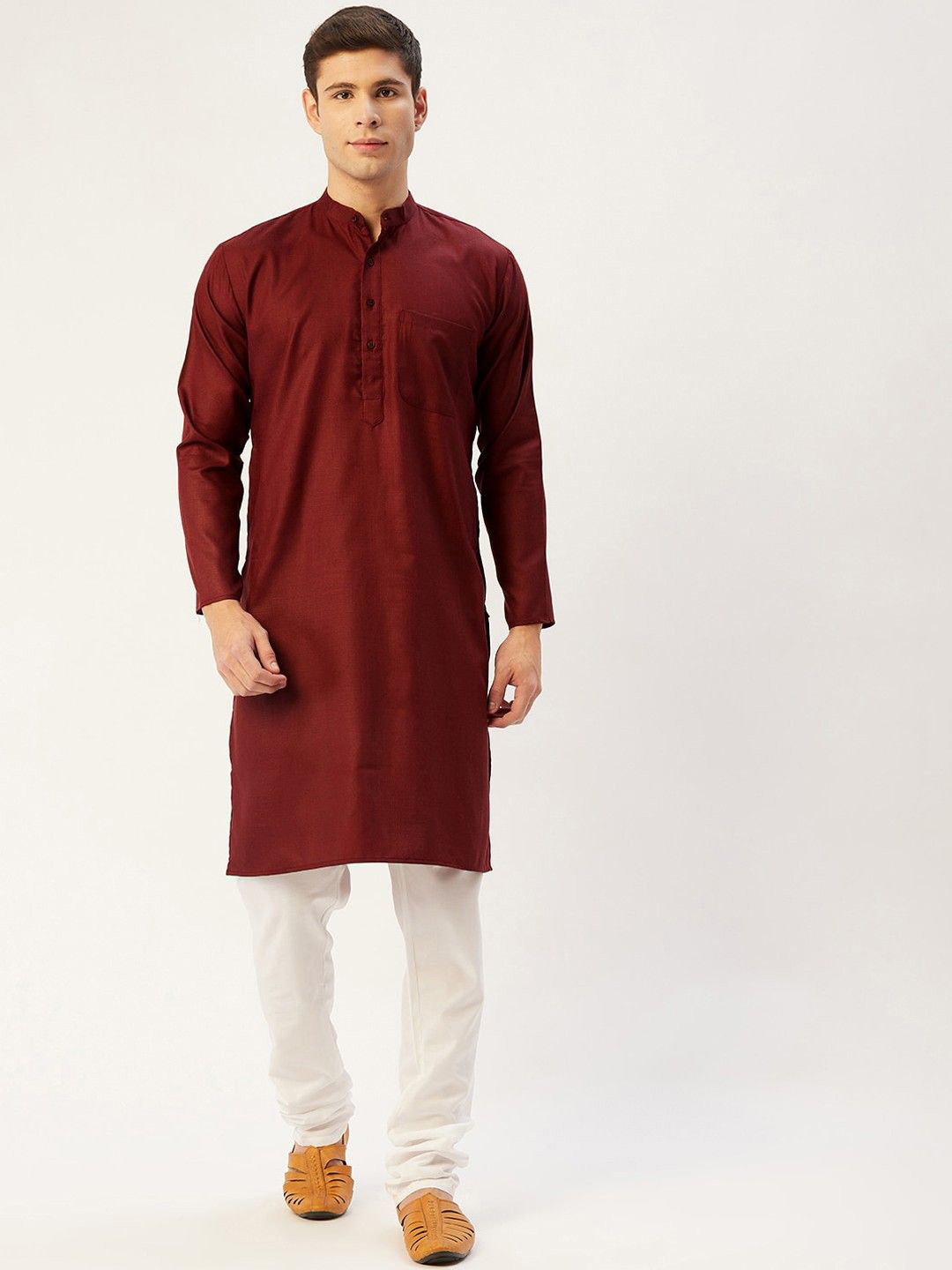 

Pro-Ethic STYLE DEVELOPER Mandarin Collar Regular Pure Cotton Straight Kurta with Pyjamas, Maroon
