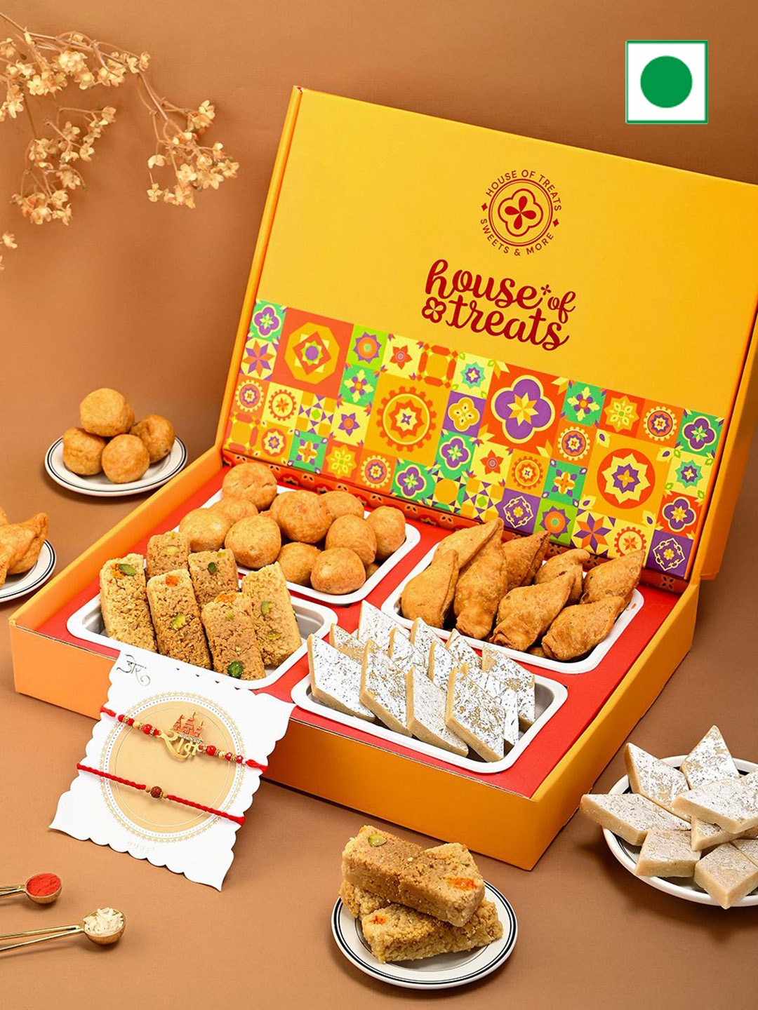 

Hyperfoods Set Of 2 Rakhi With Sweet Gifts, Yellow