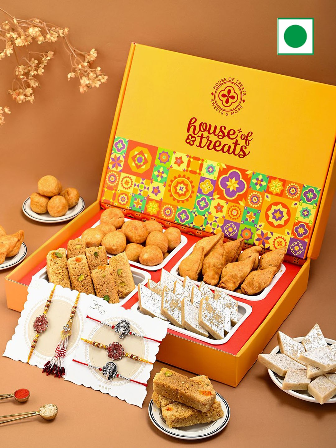 

Hyperfoods Set Of 5 Rakhi With Sweet Gifts, Yellow