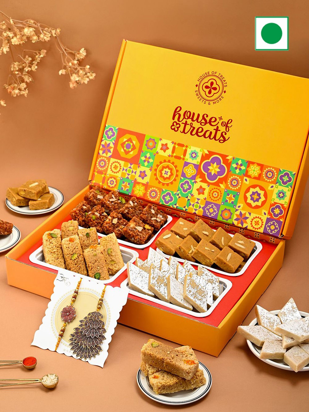 

Hyperfoods Set Of 2 Bhaiya Bhabhi Rakhi With Sweet Gifts, Yellow
