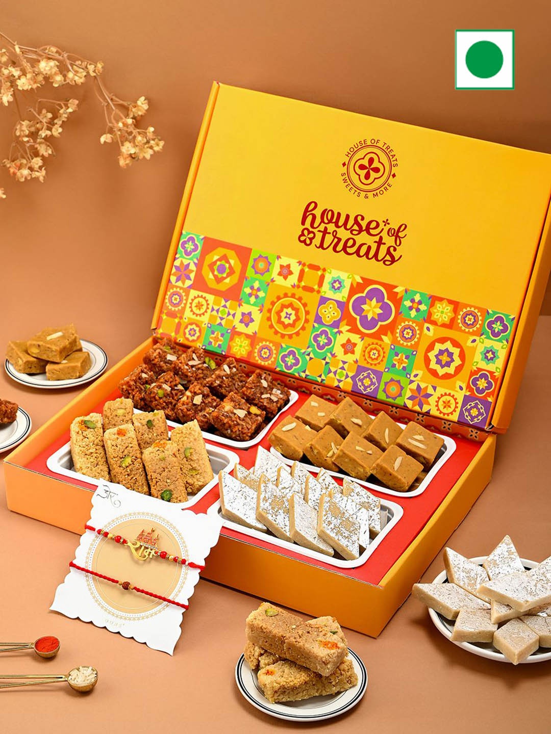 

Hyperfoods 2-Pcs Rakhi & Sweets Gifts With Roli Chawal, Yellow