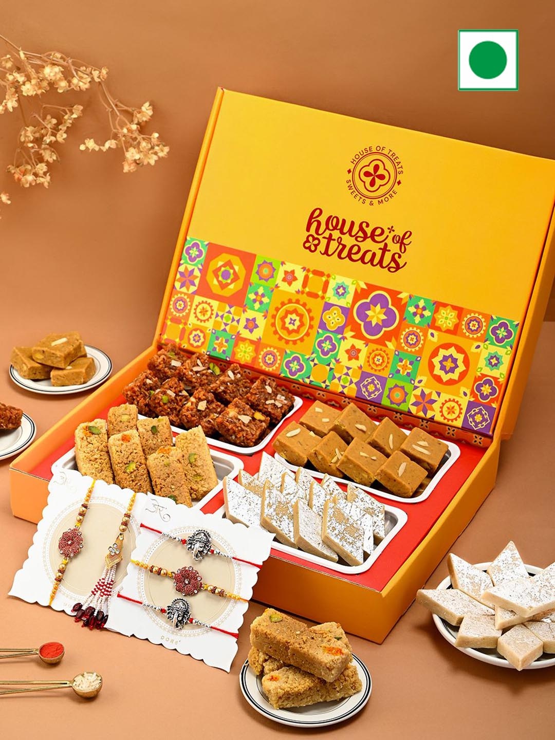 

Hyperfoods Set of 5 Rakhi With Sweet Gifts, Yellow