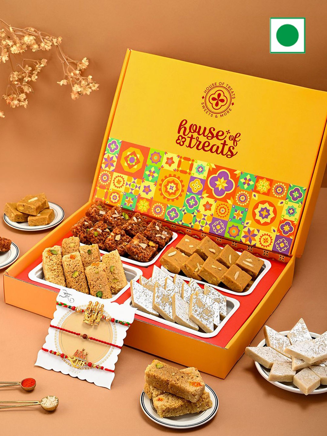 

Hyperfoods Set Of 3 Rakhi With Sweet Gifts, Yellow
