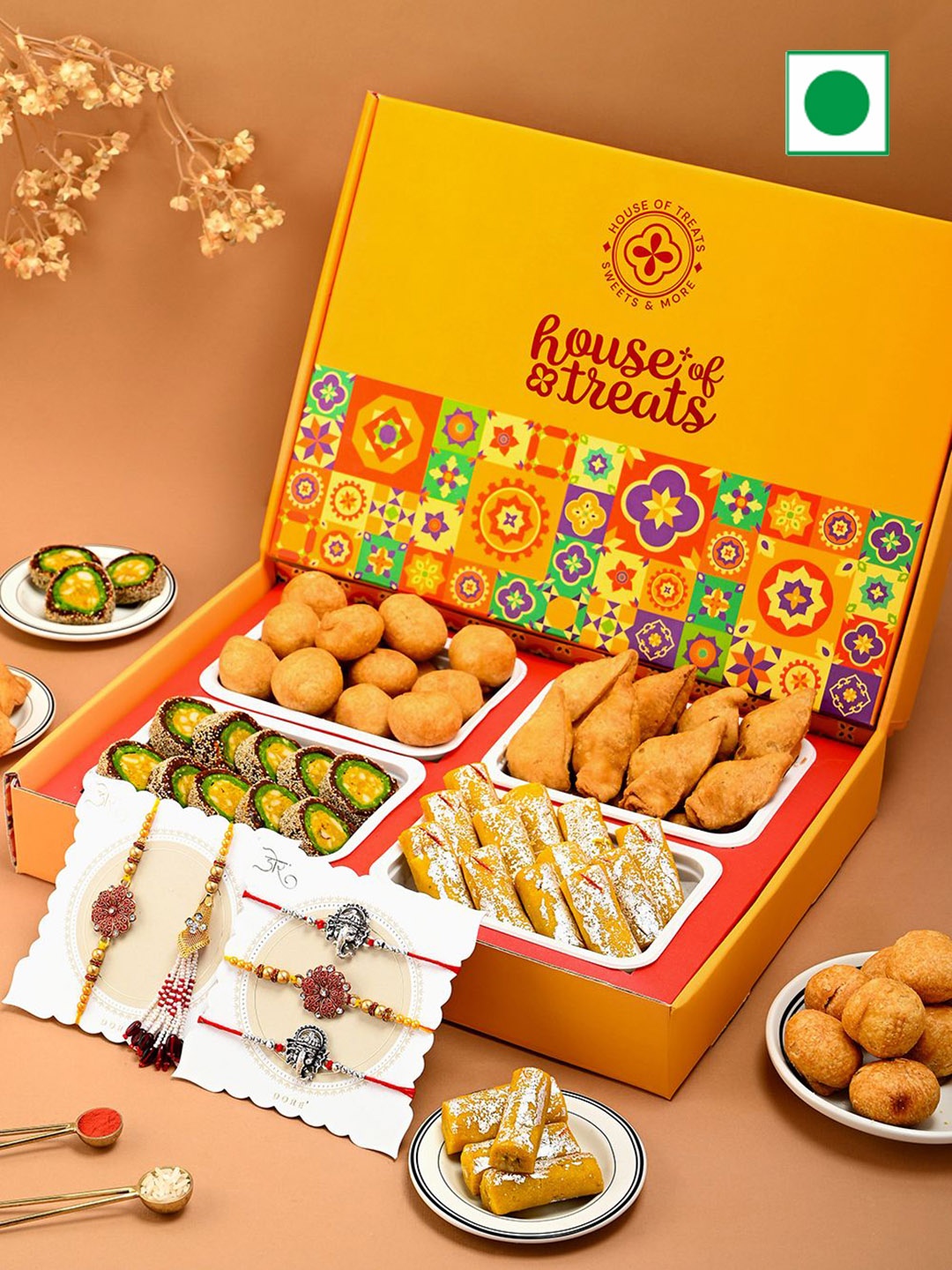 

Hyperfoods Set Of 5 Rakhi With Sweet Gifts, Yellow