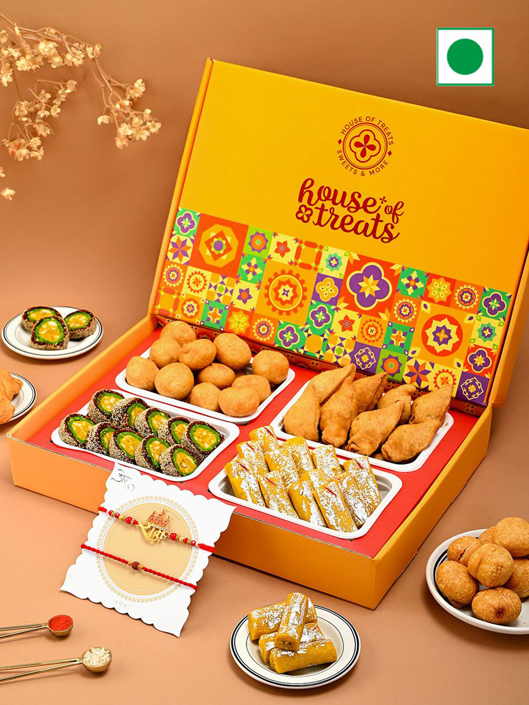 

Hyperfoods Set Of 2 Rakhi With Sweet Gifts, Yellow