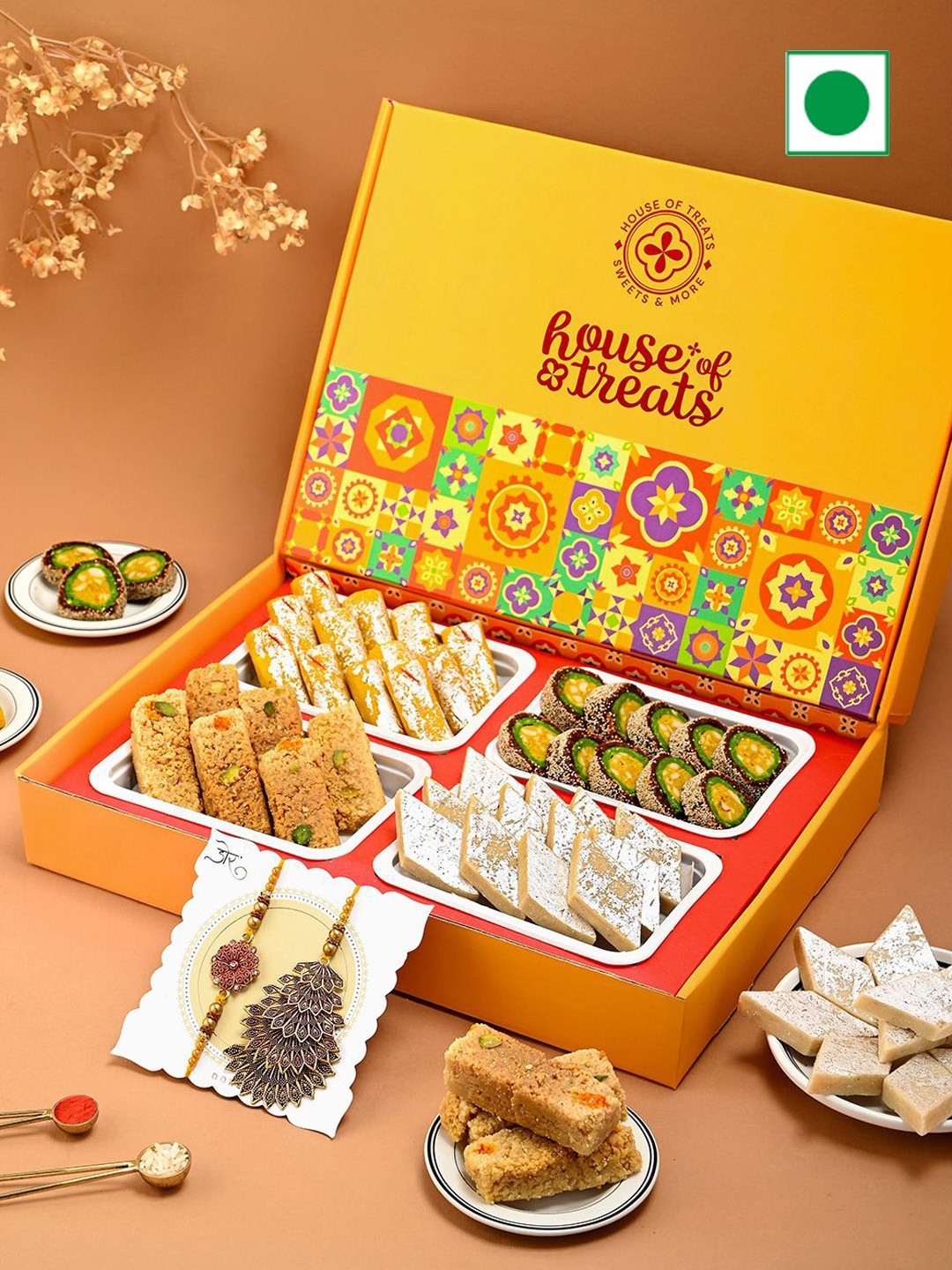 

Hyperfoods Set Of 4 Rakhi With Sweet Gifts, Yellow