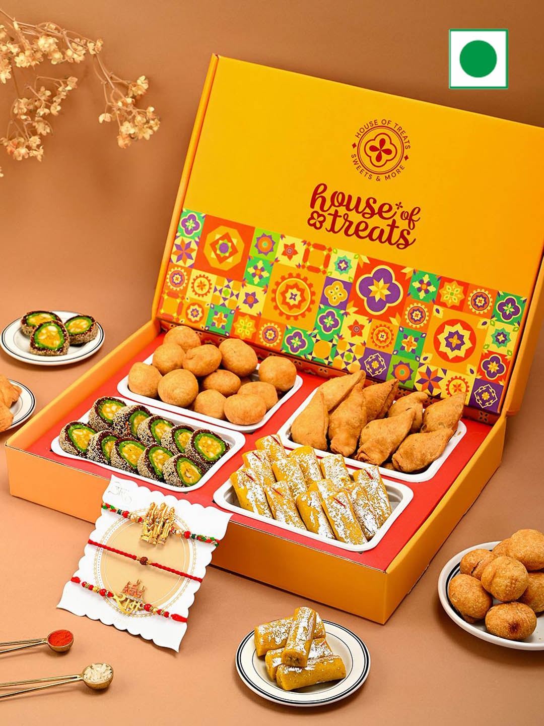 

Hyperfoods Set of 3 Rakhi With Sweet Gifts, Yellow