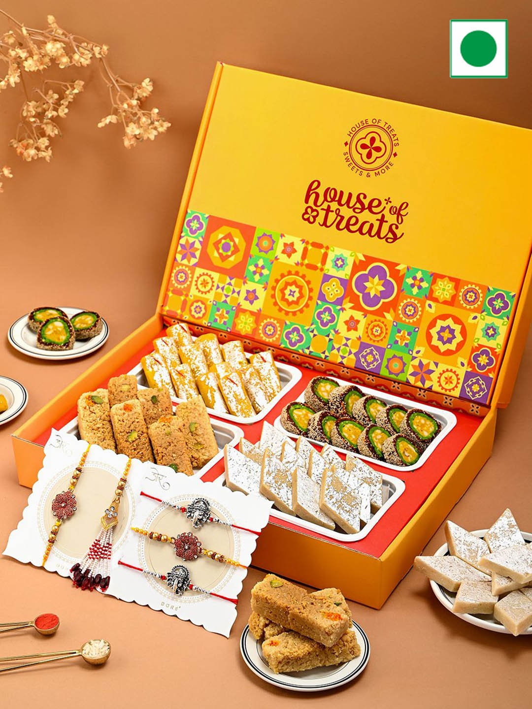 

Hyperfoods 5-Pcs Rakhi & Sweets Gifts With Roli Chawal, Yellow