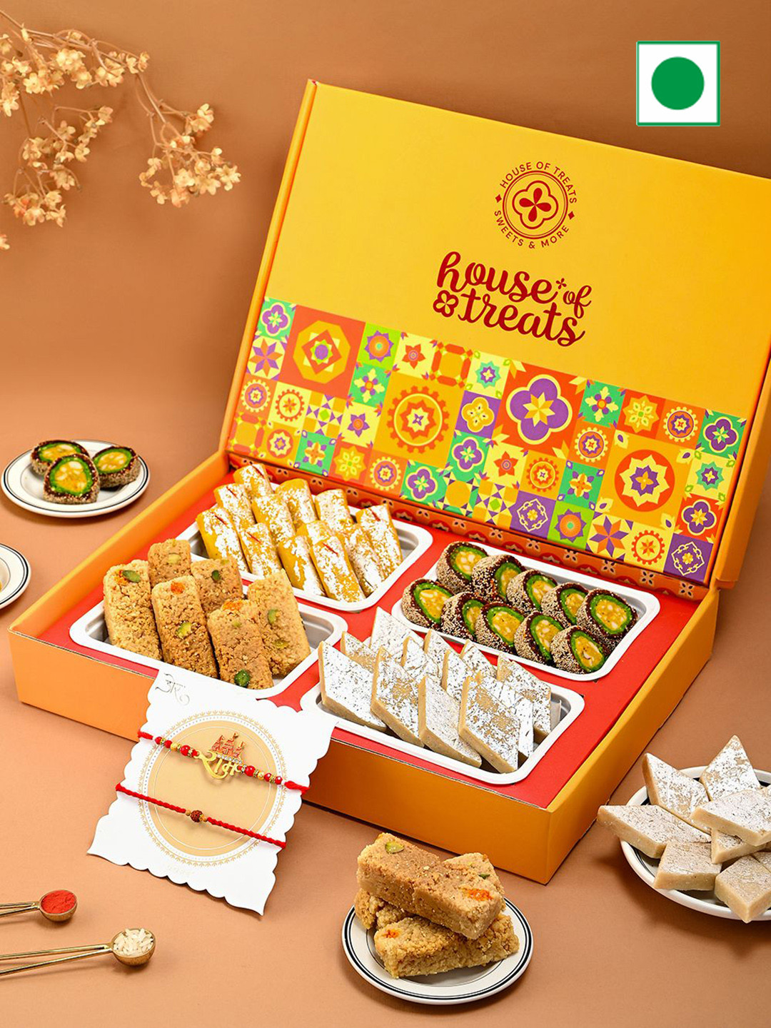 

Hyperfoods Set Of 2 Rakhi With Sweet Gifts, Yellow