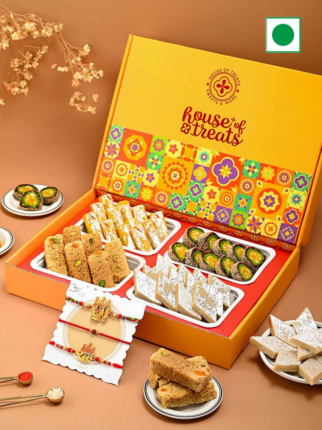 

Hyperfoods Set Of 3 Rakhi With Sweet Gifts, Yellow