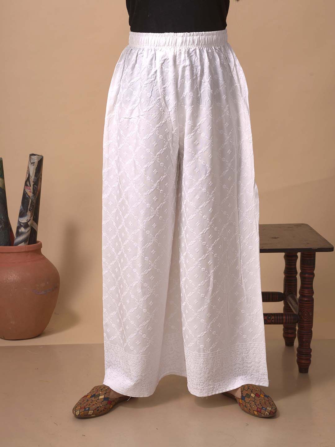 

LYRA Women Embroidered Mid-Rise Regular Slip-On Flared Palazzos, White