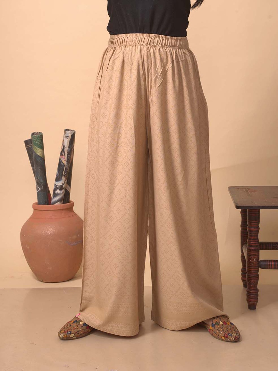 

LYRA Women Floral Chikankari Flared Palazzos, Beige