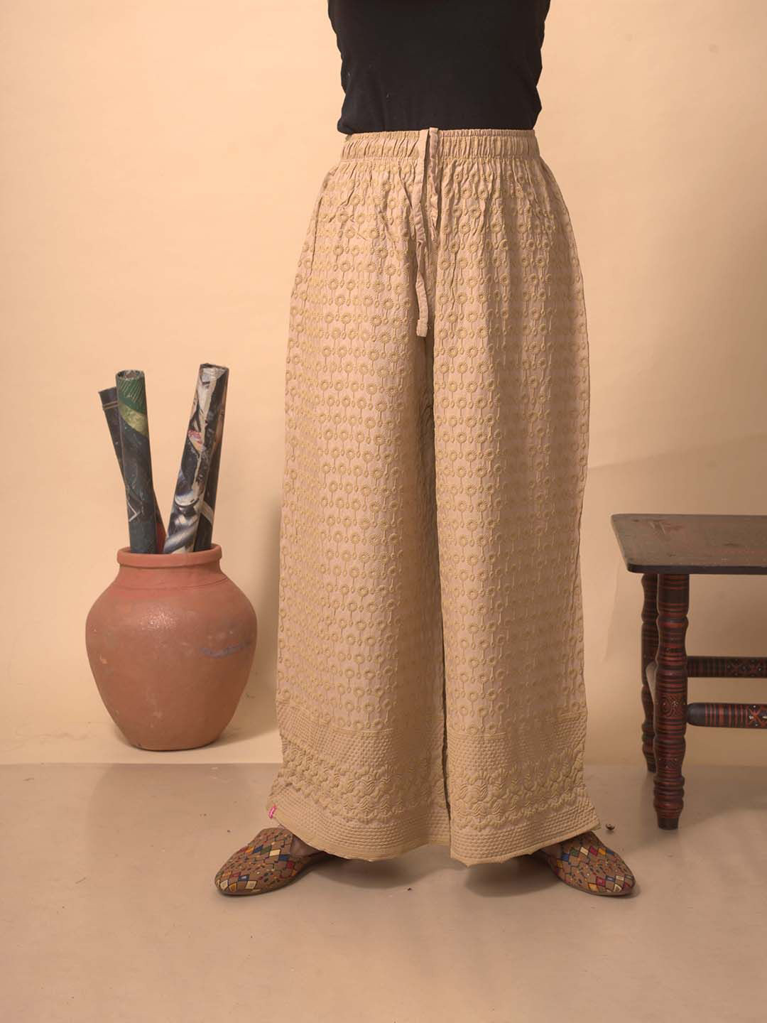 

LYRA Women Embroidered High Rise Flared Western Palazzos, Beige