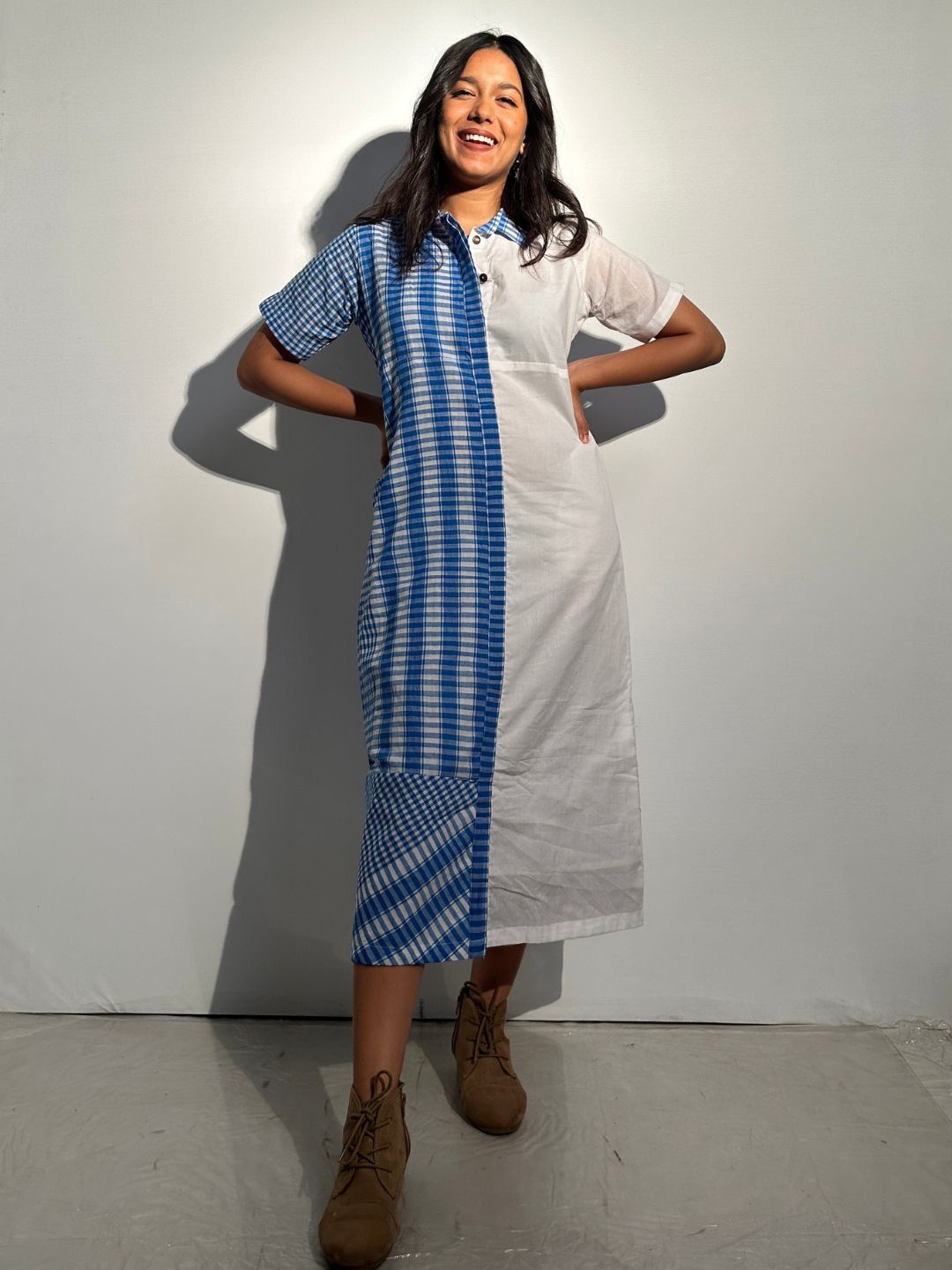 

145 East Women Printed Shirt Collar Short Sleeves Cotton Shirt Midi Dress, Blue