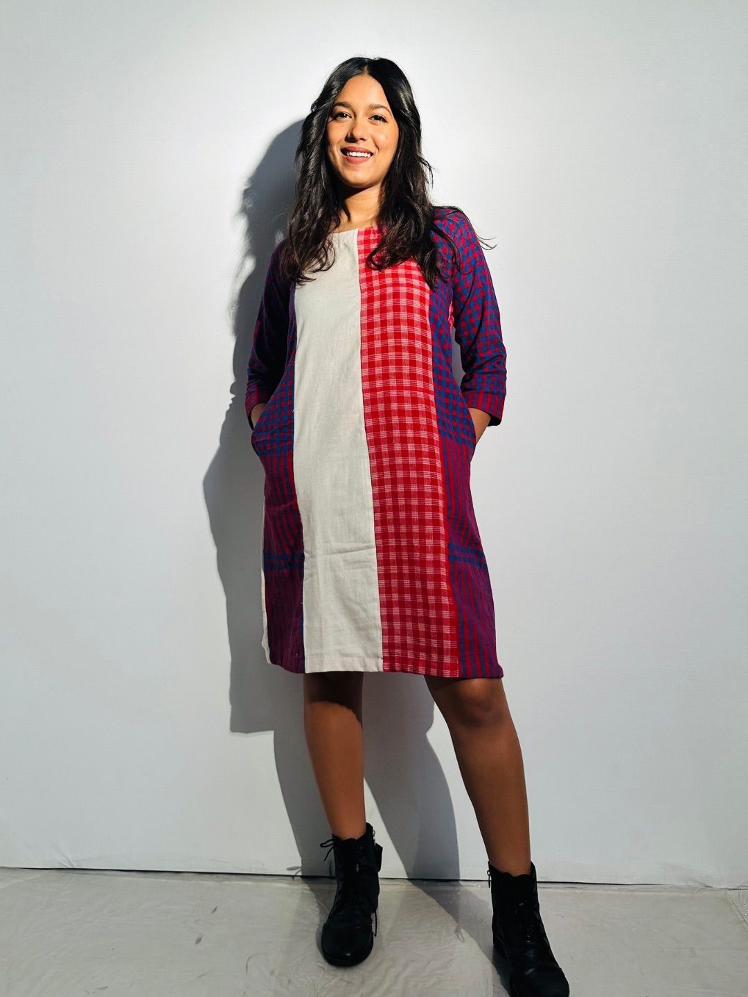 

145 East Women Checked A-Line Dress, Red