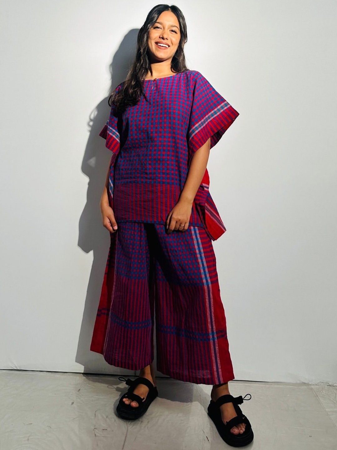 

145 East Checked Pure Cotton Kaftan Top With Trousers, Purple