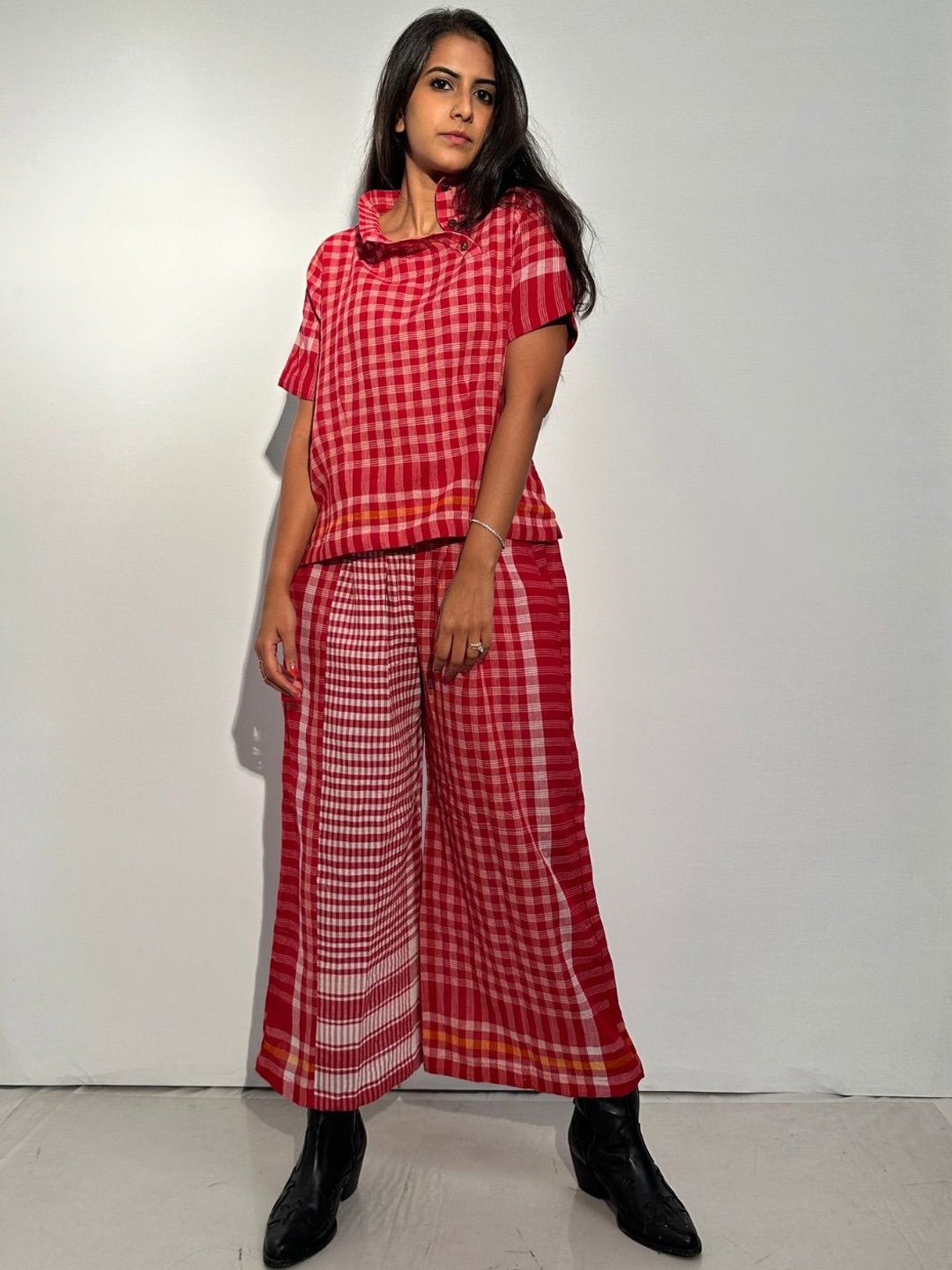 

145 East Checked Pure Cotton Top With Trousers, Red