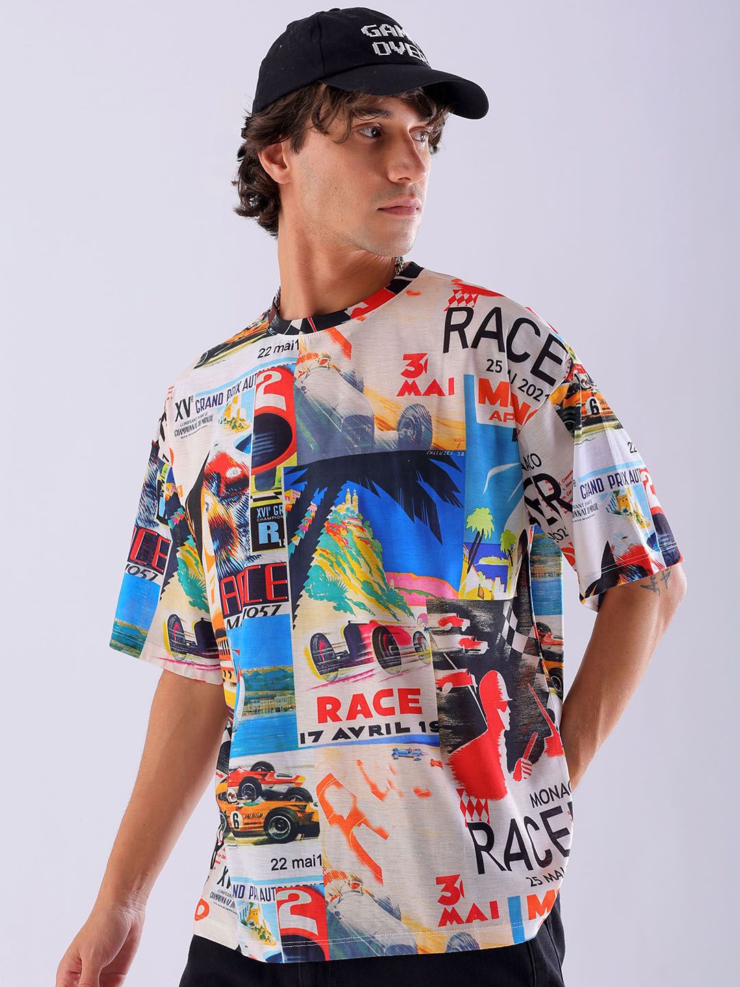 

The Indian Garage Co Men All Over Printed Oversized Round Neck T-shirt, Beige
