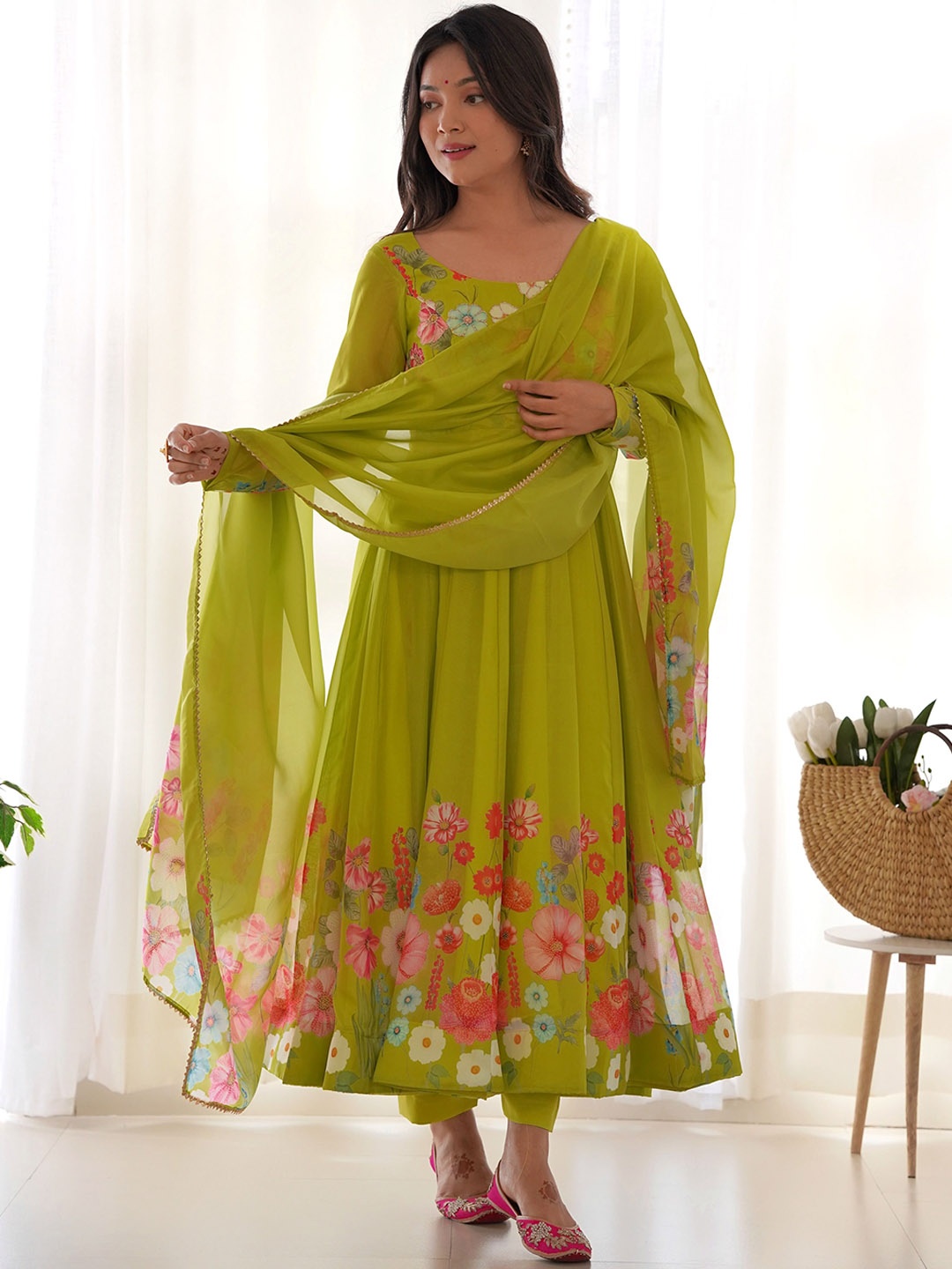 

LABELKBBRAND Floral Printed Organza Beads and Stones Kurta With Trousers & Dupatta, Lime green