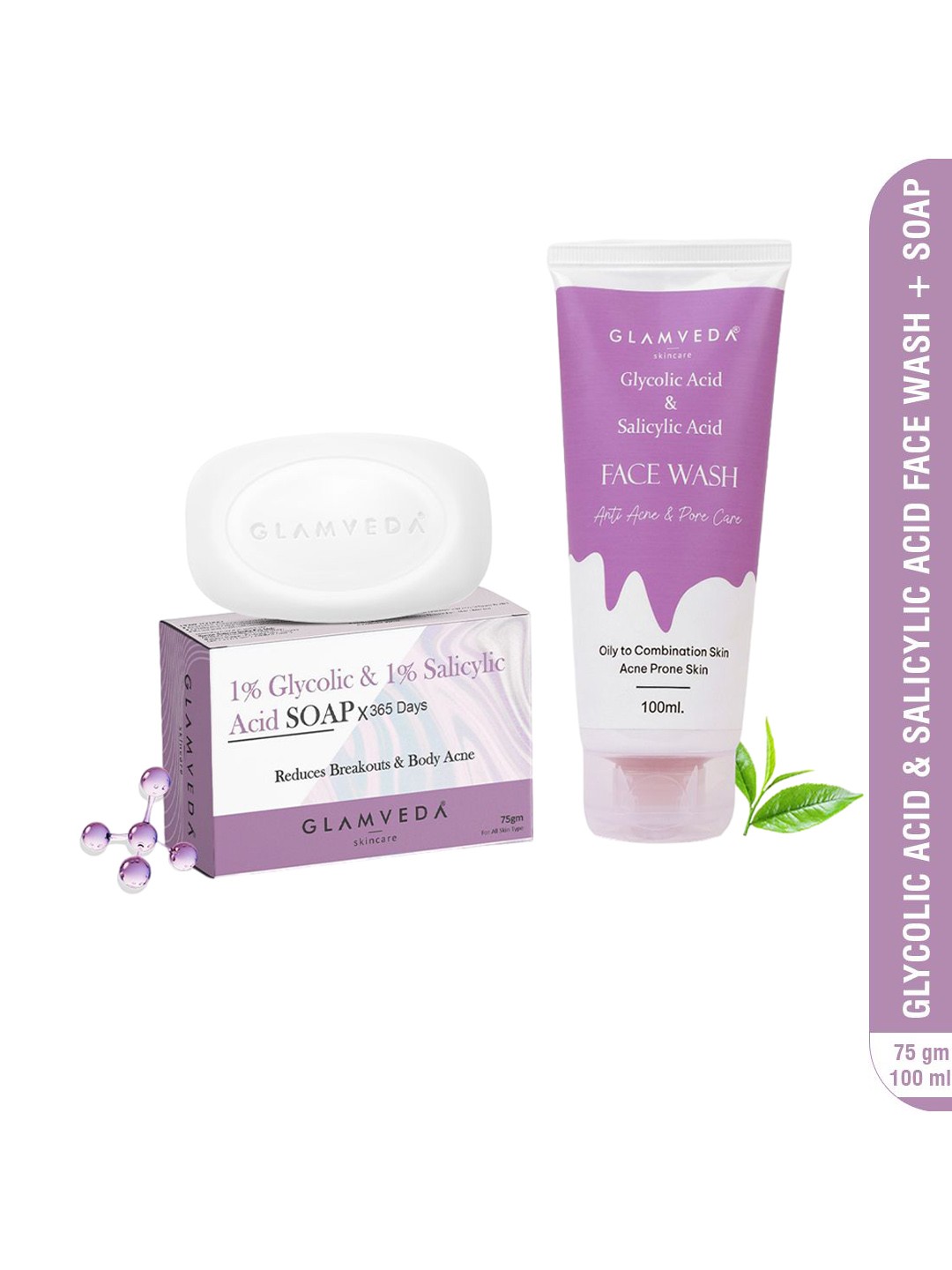 

GLAMVEDA Glycolic & Salicylic Anti-Acne Face Wash & Soap Combo-100ml + 75gm, White