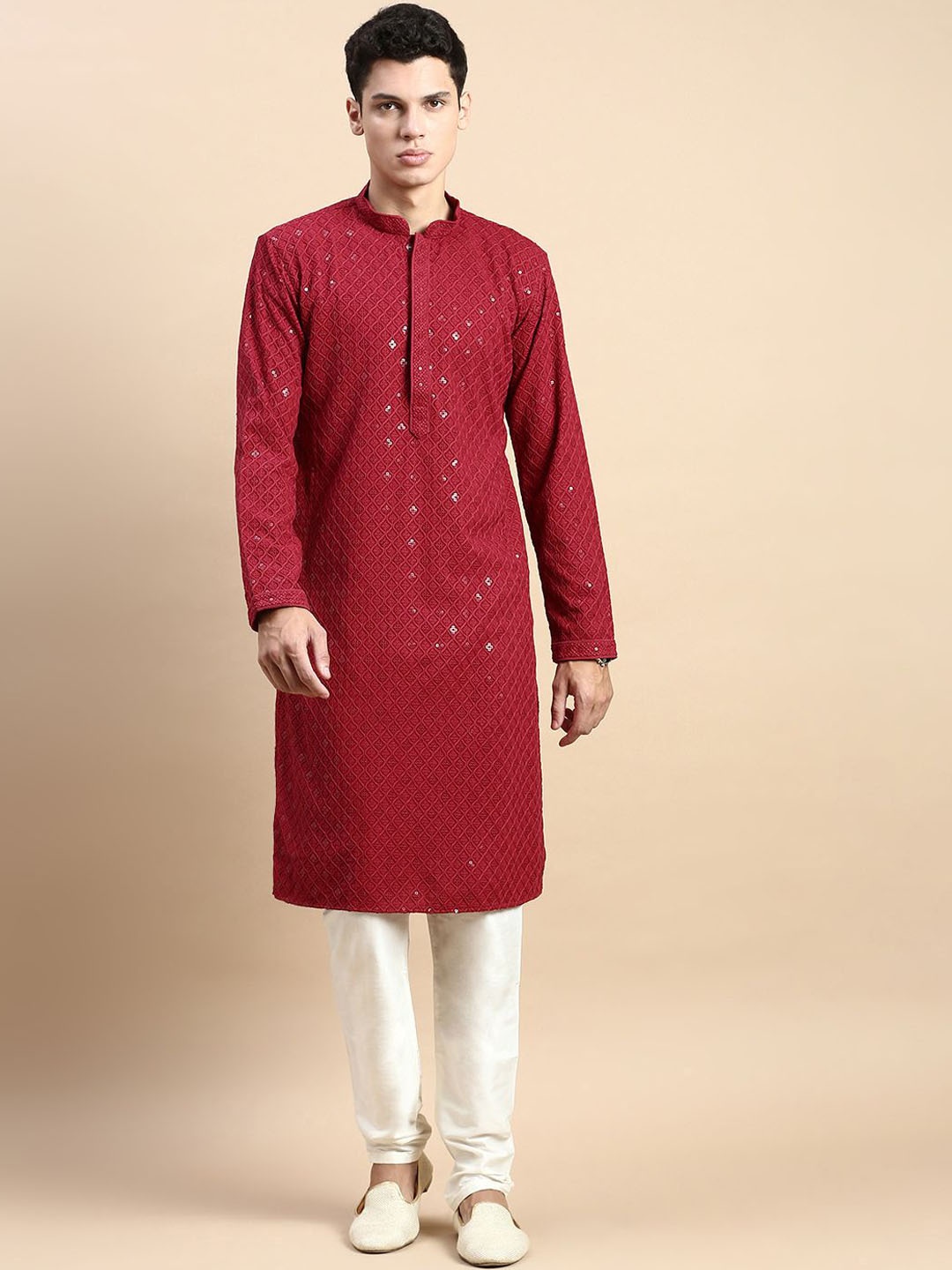 

Rishika Ethnic Motifs Embroidered Mandarin Collar Sequinned Pure Cotton Straight Kurta, Maroon