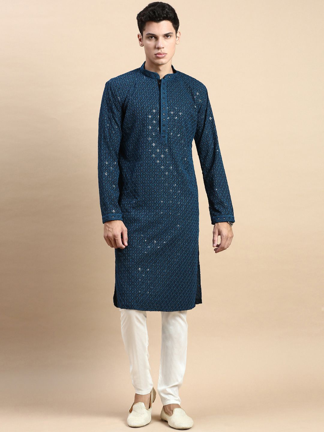 

Rishika Ethnic Motifs Embroidered Sequins Cotton Straight Kurta, Blue