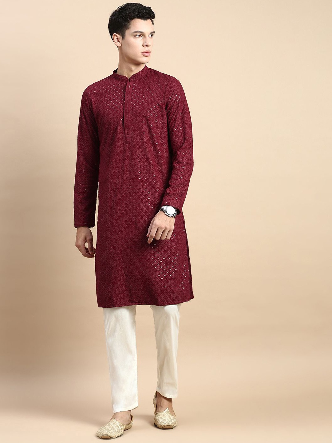 

Rishika Ethnic Motifs Embroidered Sequins Cotton Straight Kurta, Maroon