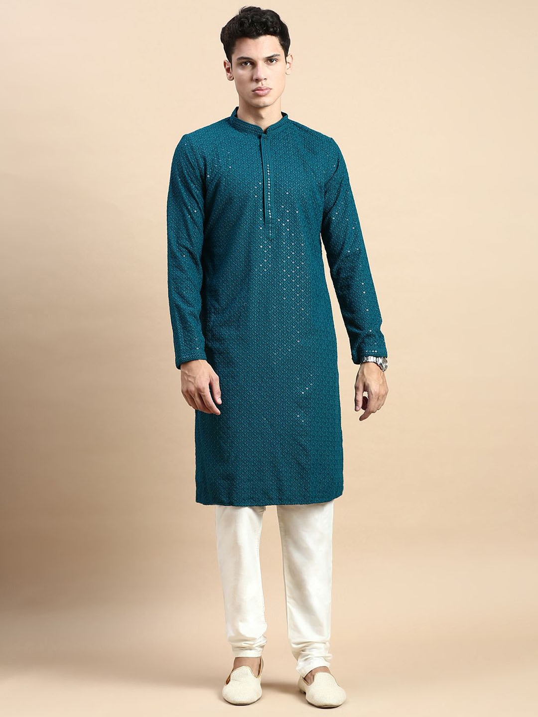 

Rishika Geometric Embroidered Sequinned Work Pure Cotton Straight Kurta, Blue