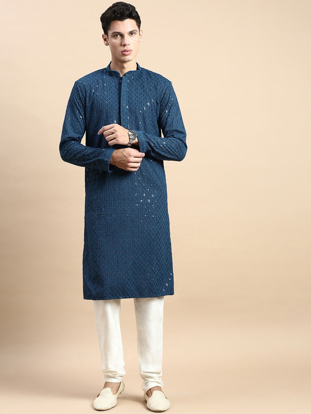 

Rishika Geometric Embroidered Mandarin Collar Sequinned Pure Cotton Straight Kurta, Blue