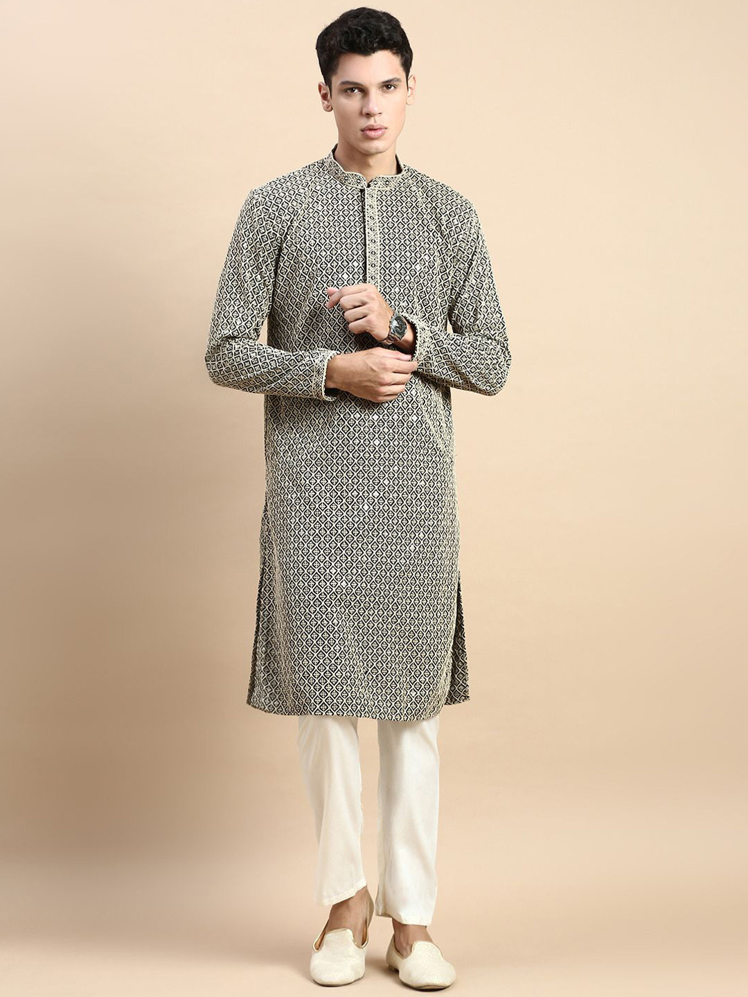 

Rishika Ethnic Motifs Embroidered Thread Work Cotton Straight Kurta, Beige