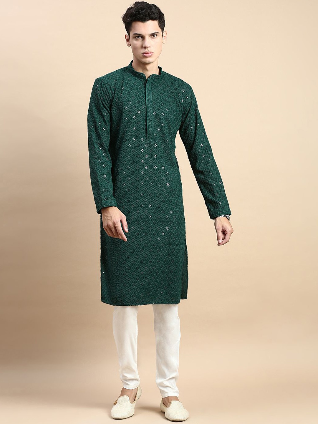 

Rishika Ethnic Motifs Embroidered Sequins Cotton Straight Kurta, Green