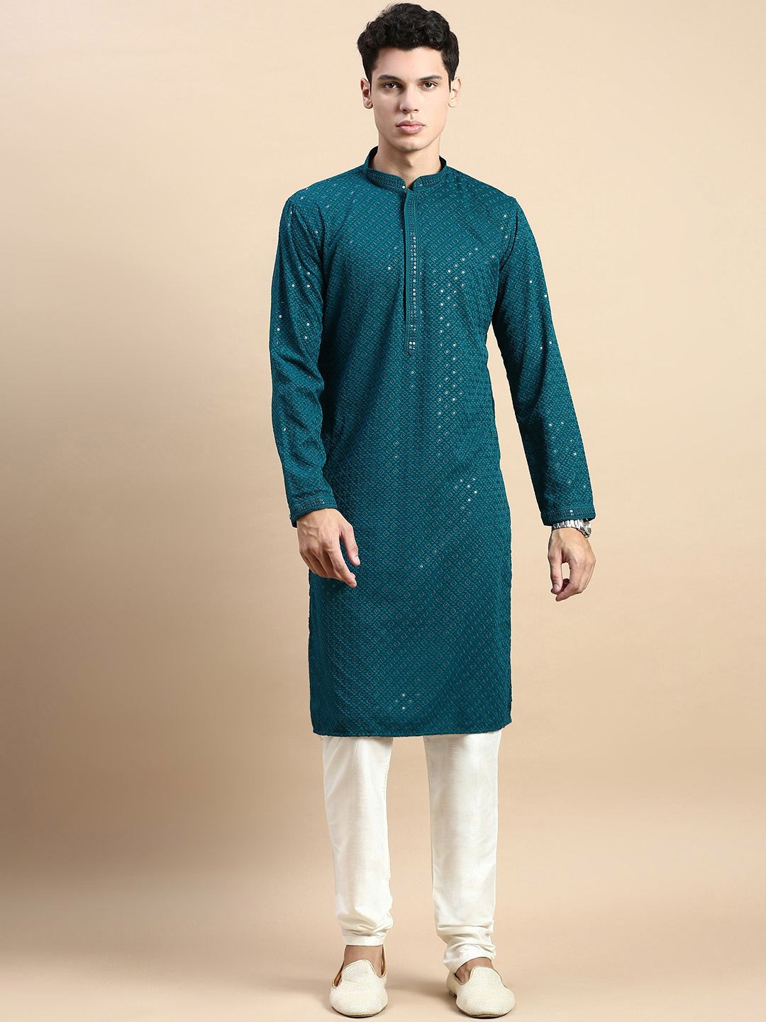

Rishika Ethnic Motifs Embroidered Sequins Cotton Straight Kurta, Blue