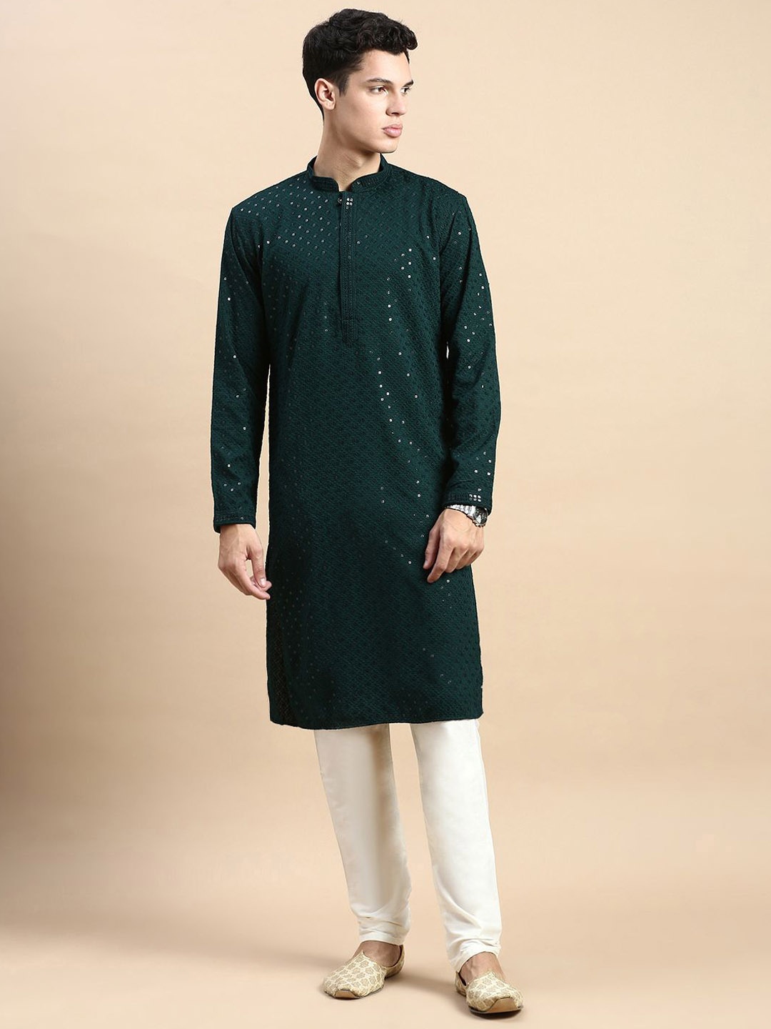 

Rishika Geometric Embroidered Sequinned Work Pure Cotton Straight Kurta, Green