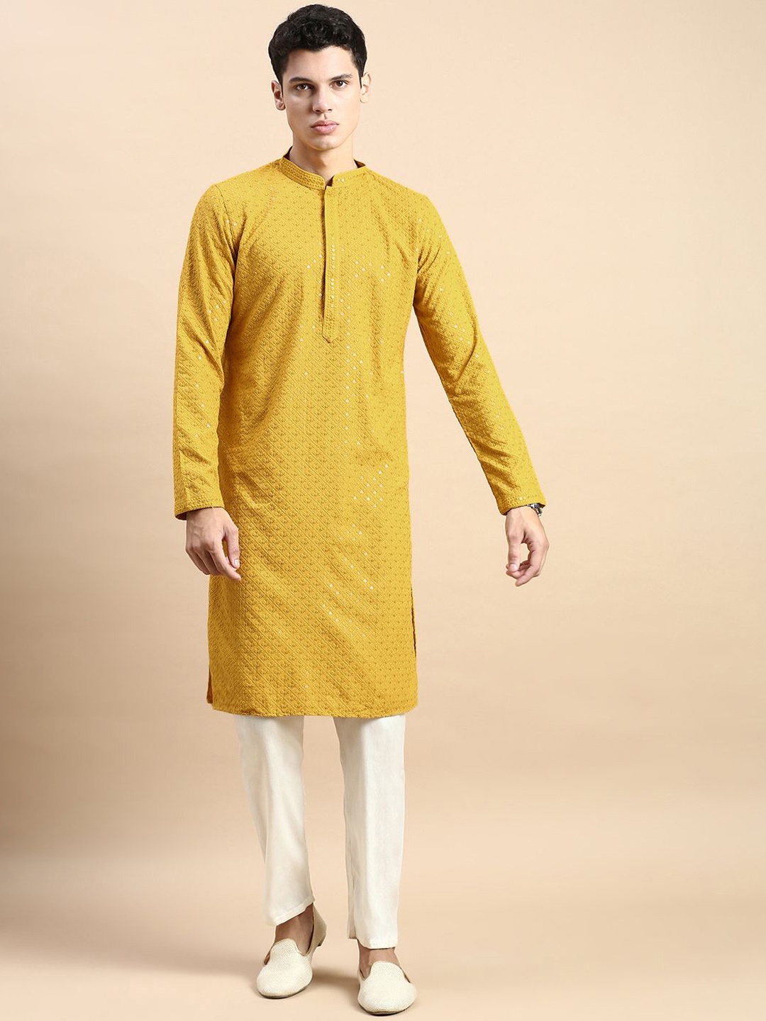 

Rishika Floral Embroidered Thread Work Sequinned Pure Cotton Straight Kurta, Yellow