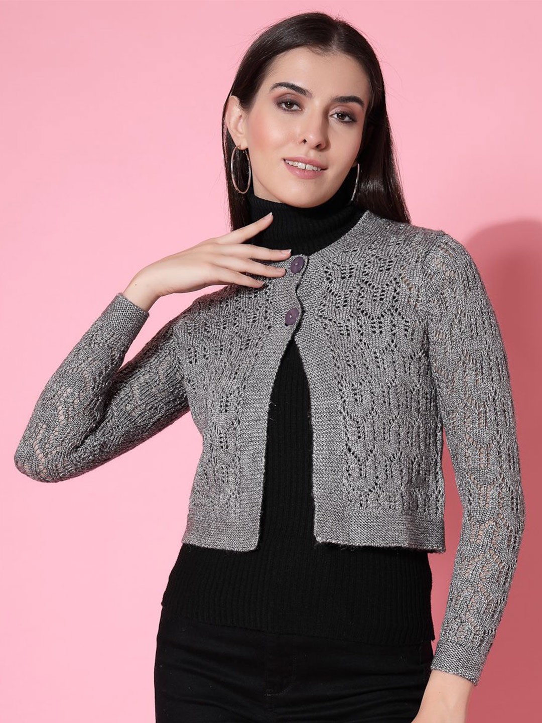 

DressBerry Grey Self Design Crop Button Shrug