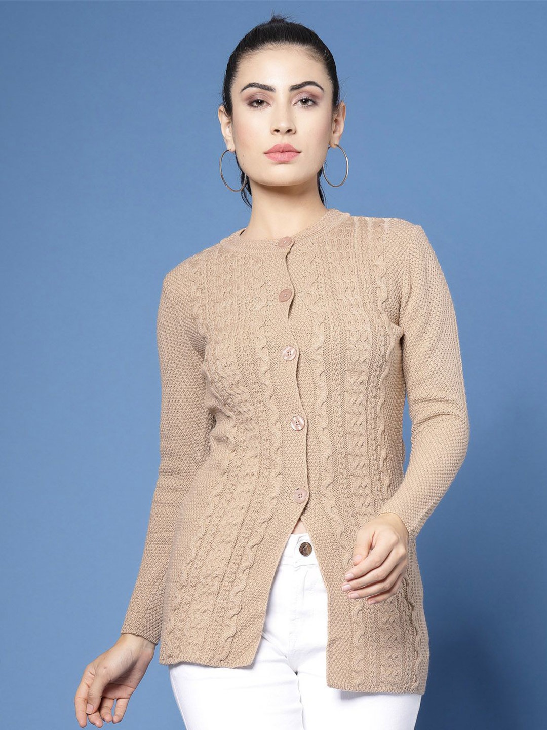 

DressBerry Women Self Design Cable Knit Cardigan, Camel brown