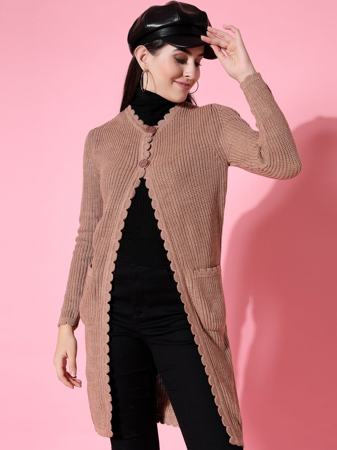 

DressBerry Brown Self Design V-Neck Longline Acrylic Shrug