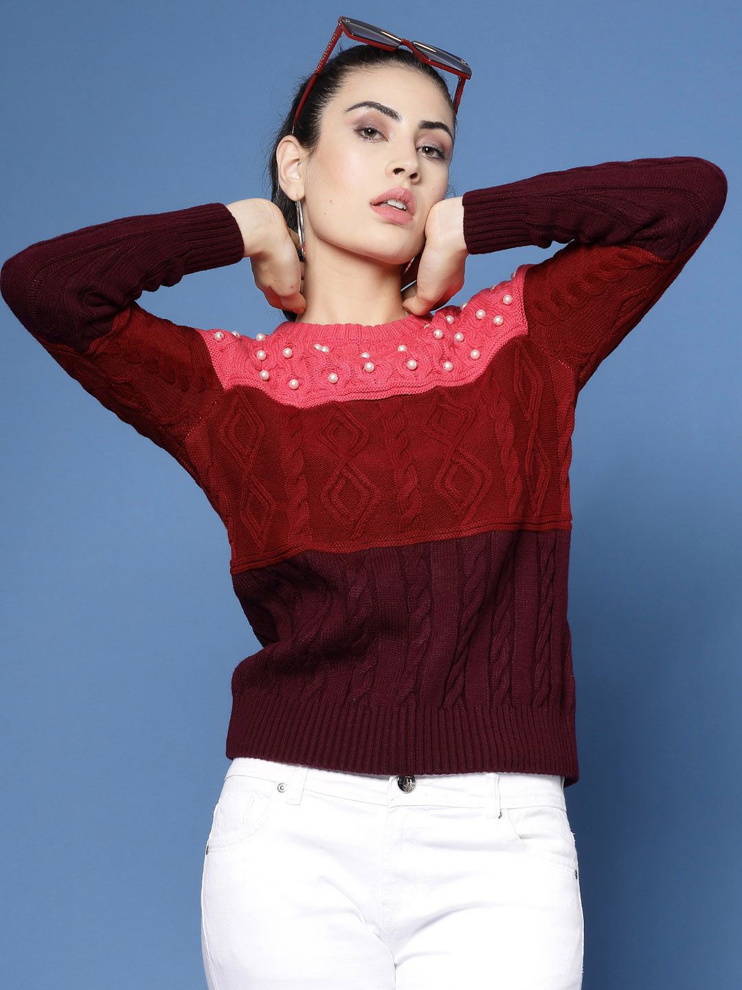 

DressBerry Women Self Design Cable Knit Pullover, Maroon