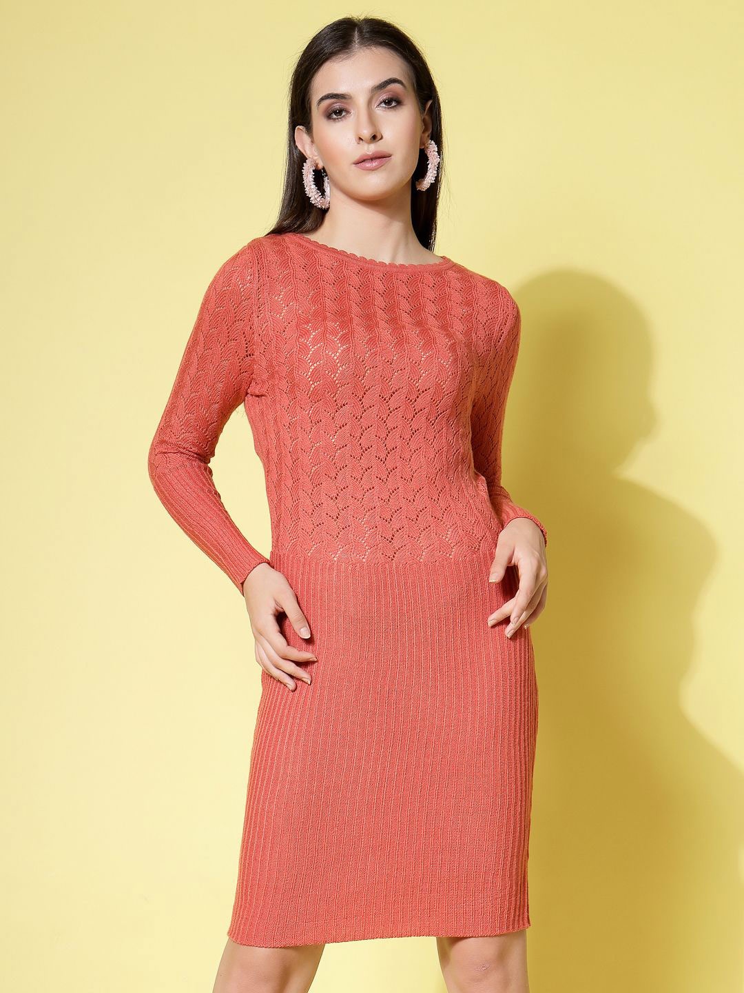 

DressBerry Acrylic Self Design Winter Sheath Dress, Rust