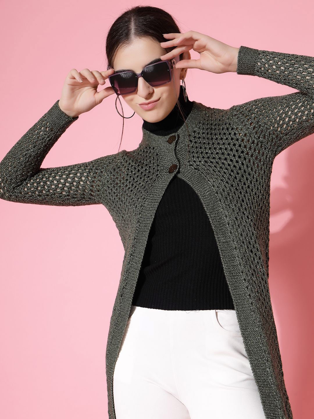 

DressBerry Green Self Design Longline Button Shrug