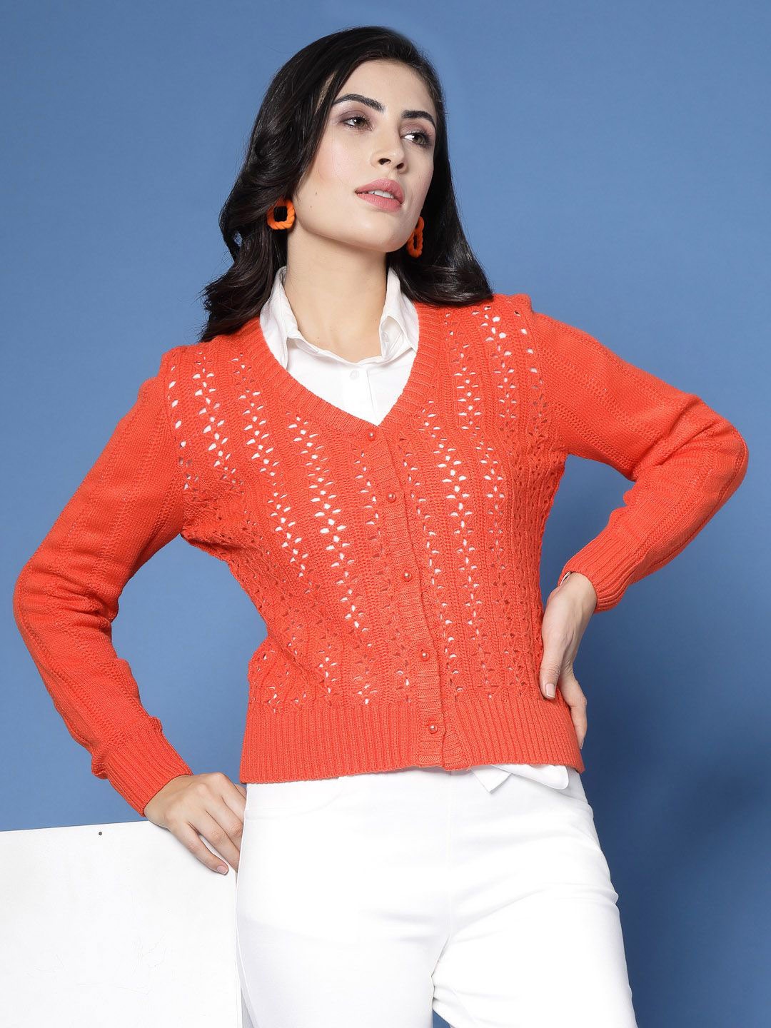 

DressBerry Women Self Design Cardigan, Rust