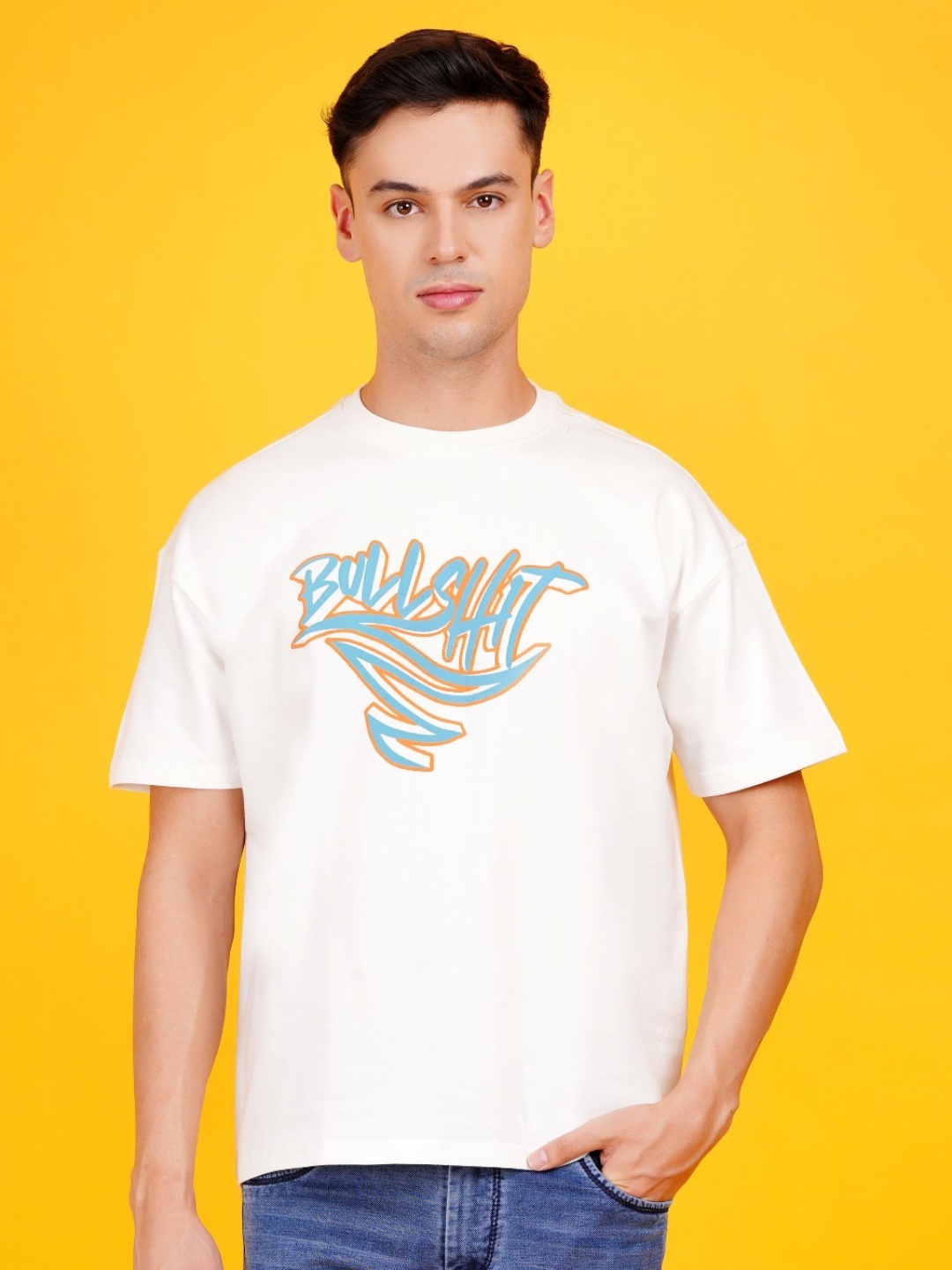 

DAFABFIT Men Printed Drop Shoulder Oversized Half Sleeves T-Shirt, Off white