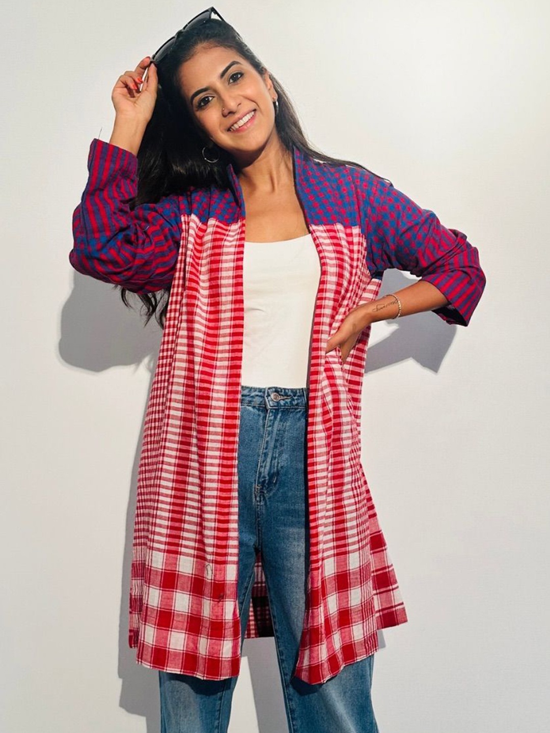 

145 East Women Cotton Abstract Printed Checked Longline Outdoor Open Front Jacket, Multi