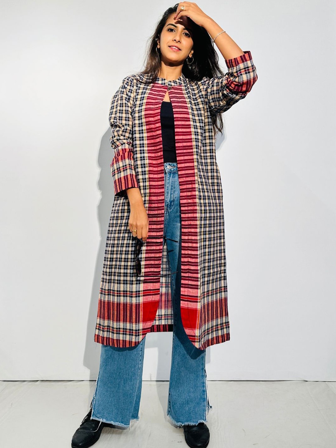

145 East Women Geometric Checked Without Lightweight Longline Outdoor Tailored Jacket, Navy blue