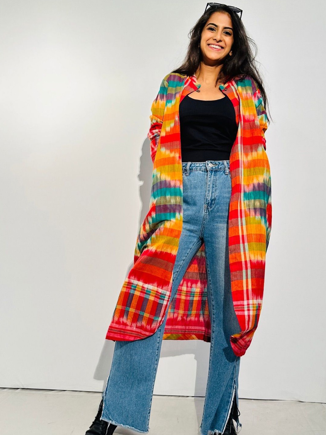 

145 East Women Cotton Abstract Printed Crop Outdoor Open Front Jacket with Embroidered, Multi