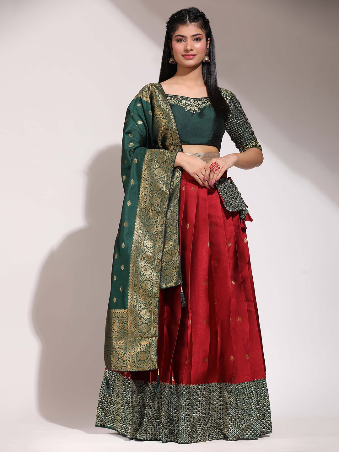 

Fabcartz Woven Design Thread Work Semi Stitched Lehenga & Unstitched Blouse With Dupatta, Green